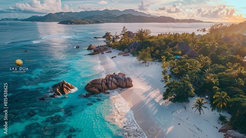 Aerial view of the La Digue in Seychelles, featuring the dramatic granite boulders, white sandy beaches, and turquoise waters. 