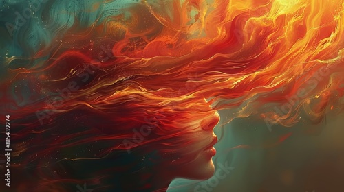  Digital painting of a woman with red hair against an orange and yellow swirling backdrop