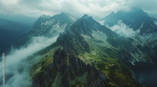 Aerial view of the Tatra Mountains in Poland and Slovakia, showcasing the rugged peaks, alpine meadows, and scenic valleys. 