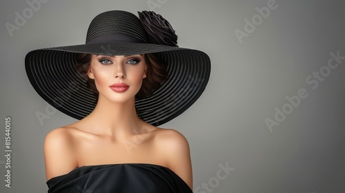  A woman dons a black hat with a large feather, adorning its rim, and a matching black dress