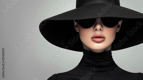  A woman dons a black hat, a black dress, and wears sunglasses, concealing her face
