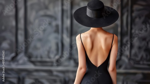 A woman wears a black hat atop her head, accompanying a black dress