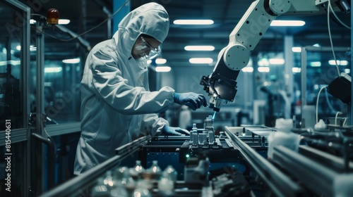 A man in a white lab coat is working on a robot in a factory