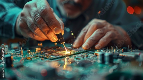 A detailed view of an engineer soldering a circuit board for factory automation.