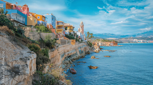 A seaside village with colorful buildings on a rocky cliff overlooking the ocean.