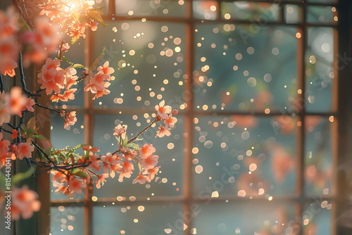 A photograph of the paper windows with bokeh. The focus is on the vibrant cherry blossoms and the soft diffused light filtering through the paper. Peach color tones