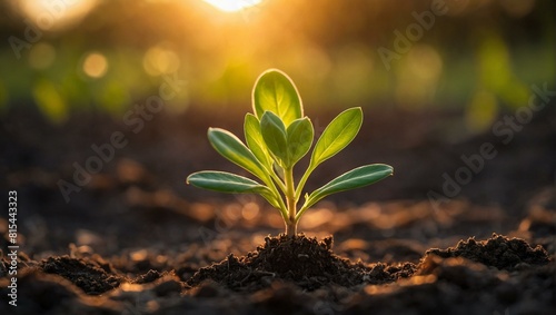Young plant growing in soil with sunlight background