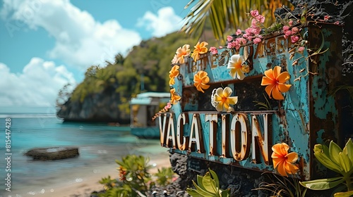 lettering "VACATION", made out of porcelain and colorful flowers, bachground beach