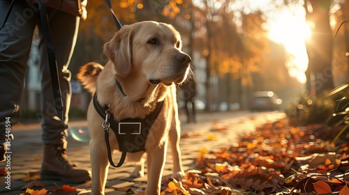 A guide dog equipped with smart sensors aiding a blind person side view Enhanced navigation cybernetic tone vivid