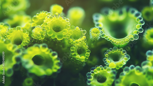 Microscopic image of vibrant green algae cells, showcasing detailed chlorophyll structures in a dark background.