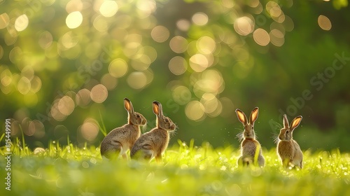 Dynamic composition of European hares in motion on a green field, with sparkling bokeh lights adding a sense of energy and excitement to the captivating scene.