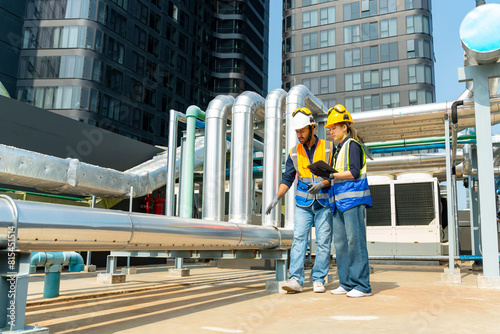 Professional Asian man and woman teamwork engineer in safety uniform working at outdoor construction site rooftop. Industrial technician worker maintenance checking building exterior plumbing systems.