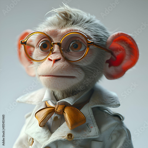 Funny monkey in eyeglasses and coat. Studio shot.