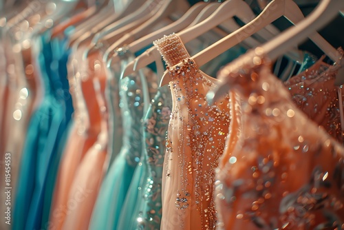 Closeup elegant formal dresses in boutique hanging on hangers, clothing rack on metal stand. Concept opening luxury shop, shopping mall, store sale, retail fashion store, second hand outlet