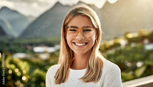 Close-up caucasian young european woman looking to side outdoors. Blonde in transparent round glasses with flying hair in wind in beige hat. People and free time concept 