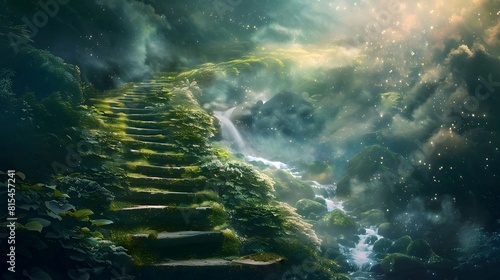 Stair background. Fairy tale style stairs. Imagination illustrations. Stairs and imaginary journey. Walking in the style of dreams.