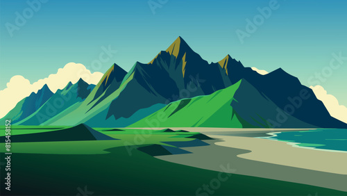  Impressive summer view of green dunes on the Stokksnes headland with Vestrahorn mountain on background, flat vector illustration