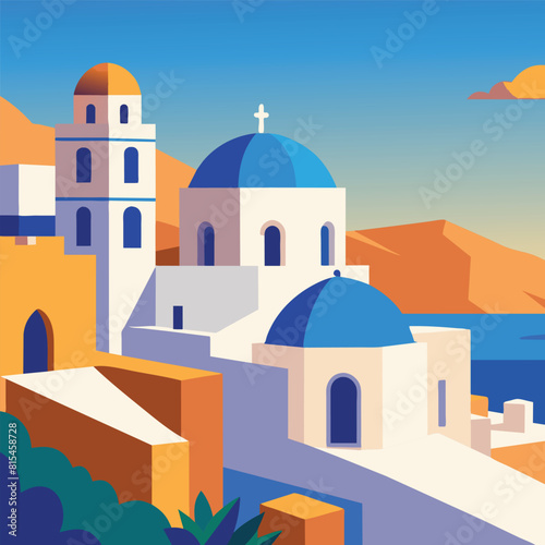 Sunny morning panorama of Santorini island. Colorful spring view offamous Greek resort Fira, Greece, Europe. Traveling concept background
