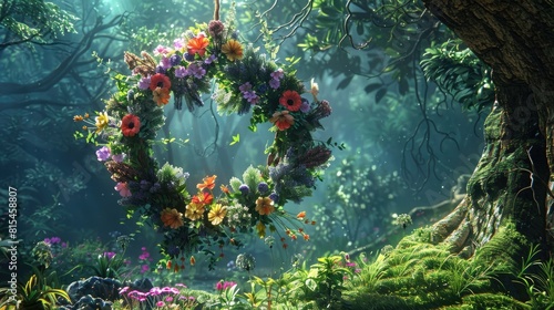 A whimsical wreath of wildflowers dangles from a tree in the enchanting depths of the forest set against a vibrant backdrop of lush greenery This floral creation embodies the essence of the