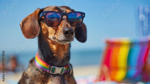 A dog wearing sunglasses and a rainbow collar is sitting on a beach