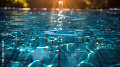 Sunlight reflections on a swimming pool with tiles, creating vibrant patterns in water.