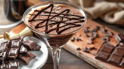 A rich and decadent chocolate martini with a chocolate drizzle, super realistic