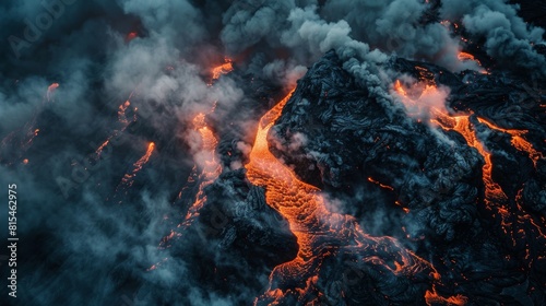 Close-up of intense lava and enveloping smoke, visual metaphors for overspending crisis, isolated with stark clarity against a night sky