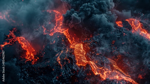 Close-up of intense lava and enveloping smoke, visual metaphors for overspending crisis, isolated with stark clarity against a night sky