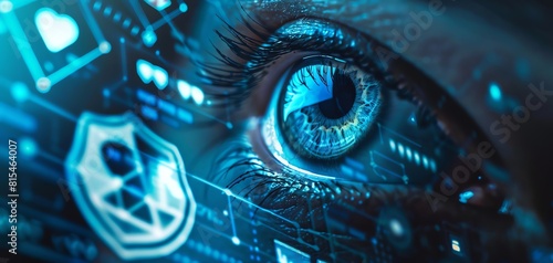 Closeup of an eye with a privacy shield, incorporating random tech elements like alert symbols on phone and laptop screens, ideal for a tech security campaign backdrop.
