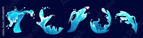 Cartoon water splash. Vector illustration set of sea wave for surf with drop and burst. Blue liquid ripple and spray with falling effect. Swirl fluid spill with foam icon for game ui design.