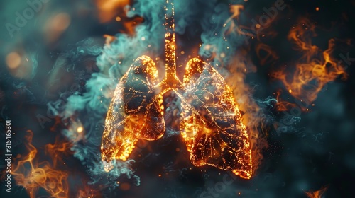 Close-up of a symbolic scene showing a pair of lungs burning, intense flames and smoke emanating, representing lung cancer
