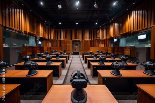 A lecture hall where students use VR headsets to experience ancient civilizations firsthand