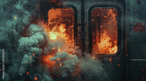 Close-up of a subway car door overtaken by explosive lava and thick smoke, creating a dramatic and hellish magma entrance