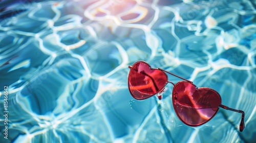 Chic and playful red heart-shaped sunglasses captured up close by the cool blue of a swimming pool, epitomizing summer fun