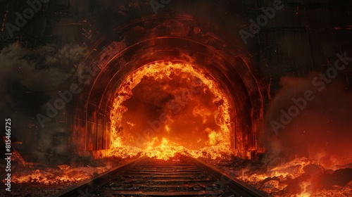 Apocalyptic view of a subway gate with lava and smoke enveloping the entrance, visualizing a fiery hell with magma effects