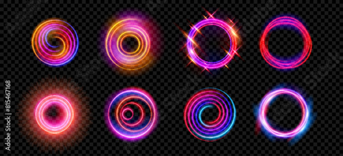 Neon light circle halo with overlay effect on transparent background. Realistic 3d vector illustration set of glow ring and vortex. abstract circular bright flare with sparkle. Luminous radial portal.