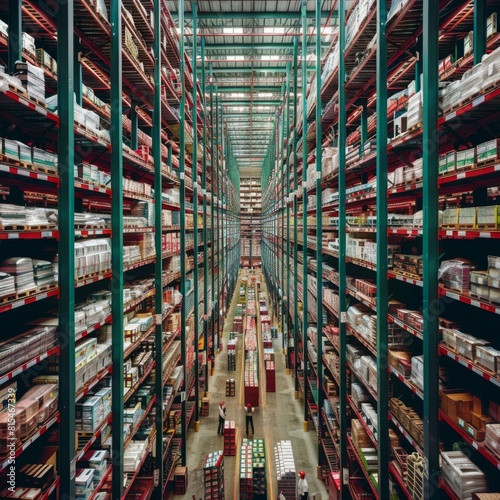 Rows of tall shelves stocked with various goods in a warehouse. AI.