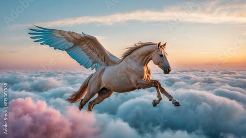 A majestic winged horse, with a flowing mane and tail, soars through the clouds. AI.