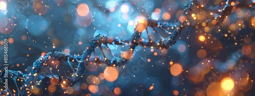 Abstract DNA structure with glowing particles and bokeh background.