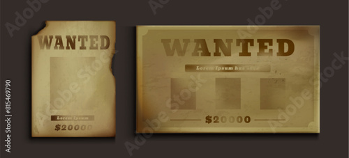 Old western wanted paper poster for reward vector template. Criminal cowboy frame for saloon from sheriff. Grunge distressed parchment with blank photo for bounty notice and search gangster mockup