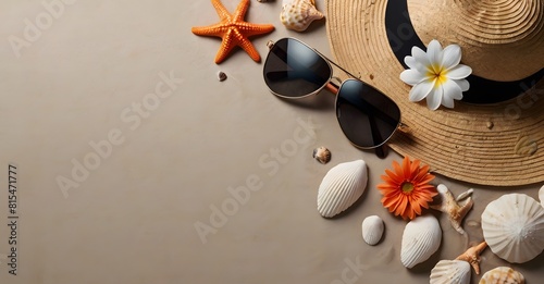 sea shells, starfish, glasses, hat on the beach sand. summer holiday background, banner with copy space