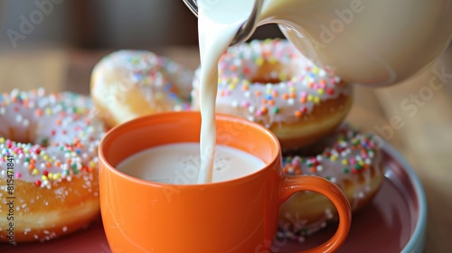 Festive meal idea Pouring milk from a pitcher into a bright orange cup perfect for enjoying with homemade donuts