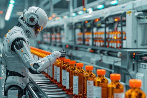 Plastic bottles with liquid on a conveyor line in a factory and AI robot, packaging, processing and exporting