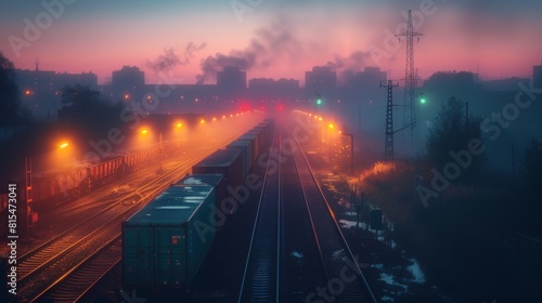 Sunset over Railroad Tracks and Cargo Containers
