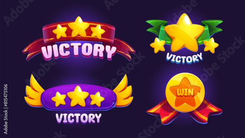 Victory game badges set isolated on background. Vector cartoon illustration of winner signs decorated with score stars, color ribbons, golden wings, success medal, gui avatar, casino design elements