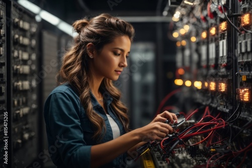 female electrician maintains and repairs electrical system