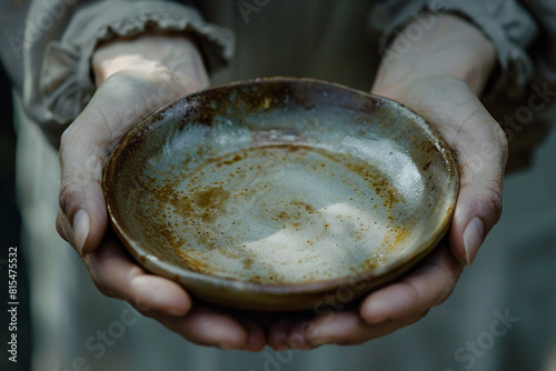 Close up of person's hand holding empty plate