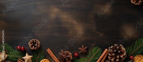 Top view of a Christmas themed background featuring fir branches pine cones Christmas cookies cinnamon sticks and anise stars with ample copy space for additional content