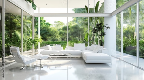 Modern style luxury white living room with garden view. Generative Ai