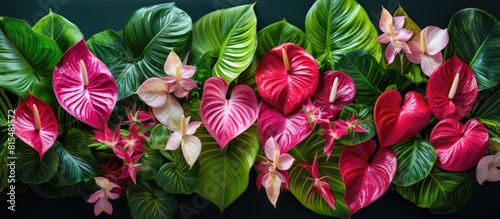 A top down view of a creatively arranged composition featuring vibrant tropical leaves and anthurium flowers perfect for use as a copy space image